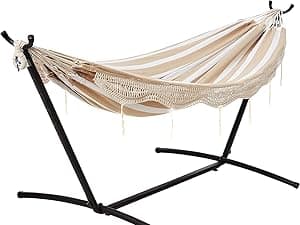 Amazon Basics Double Hammock with 9-Foot Space Saving Steel Stand and Carrying Case, 450 lb Capacity, Cream Wave, 110x47x43 inches