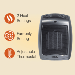 Lasko Portable Indoor Electric Ceramic Space Heater with Tip-Over Safety Switch, Overheat Protection, Thermostat and Extra Long Cord, 2 Speeds, Safe for Home, 9.2 Inches, Dark Gray, 1500W, 754201