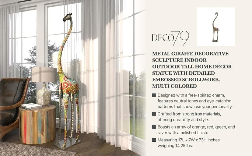 Deco 79 Metal Giraffe Decorative Sculpture Indoor Outdoor Tall Home Decor Statue with Detailed Embossed Scrollwork, Accent Figurine 17" x 7" x 73", Multi Colored