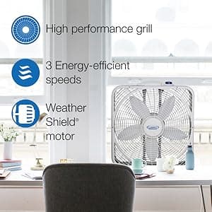 Lasko Weather-Shield Performance Box Fan, 3 Speeds, Innovative Wind Ring System for Up to 30% More Air, Carry Handle for Bedroom, Office, Home, 20 Inch, White, 3720