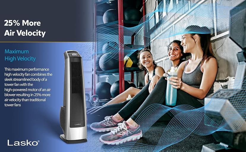 Lasko Oscillating High Velocity Tower Fan, Remote Control, Timer, 3 Powerful Speeds, for Garage, Basement and Gym, 35" Silver and Black, U35115, Large
