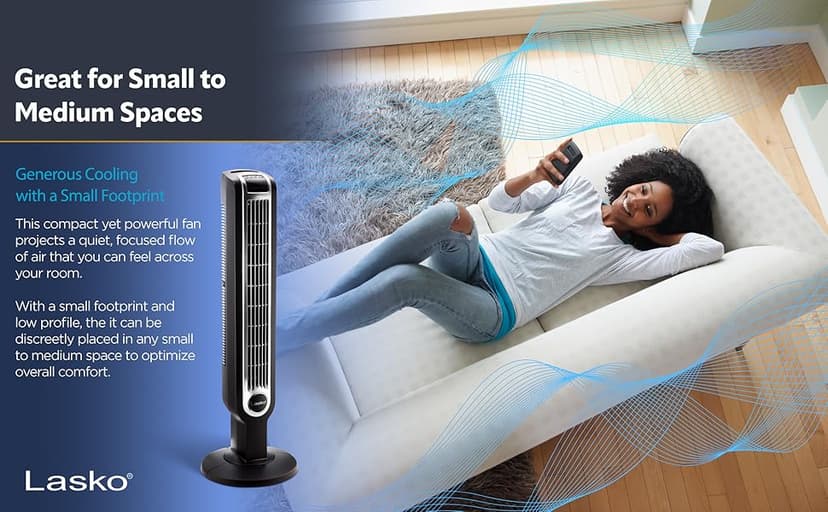 Lasko Oscillating Tower Fan, Nighttime Setting, Remote Control, Portable, Timer, for Bedroom, Home and Office, 3 Quiet Speeds, 42.5", Silverwood, T42954, woodgrain and grey