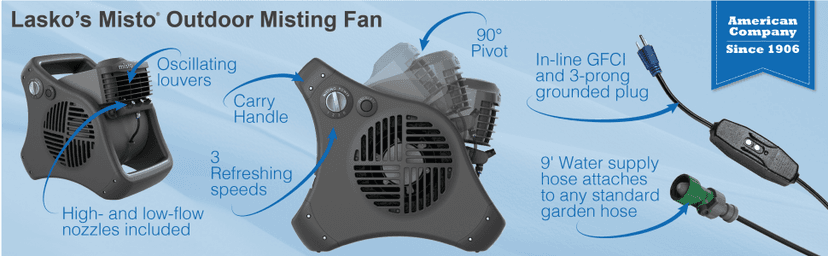 Lasko Misto Outdoor Misting Blower Fan, Ideal for Sports, Camping, Decks & Patios, 3 Speeds, 15", Black, 7050