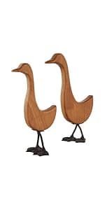 Deco 79 Wood Duck Decorative Garden Sculpture Abstract Minimalistic Garden Statues with Black Metal Feet, Set of 2 Outdoor Sculptures 13", 12"H, Brown