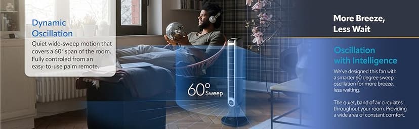 Lasko Oscillating Tower Fan, Nighttime Setting, Remote Control, Portable, Timer, for Bedroom, Home and Office, 3 Quiet Speeds, 42.5", Silverwood, T42954, woodgrain and grey
