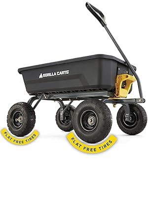 Gorilla Carts Heavy-Duty Dump Cart, Patented Quick-Release Dumping, Steel Frame, 600 lb Capacity, No-Flat 10-Inch Tires, Utility Wagon for Garden, Yard, Beach