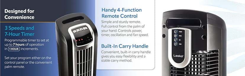 Lasko Oscillating Tower Fan, Nighttime Setting, Remote Control, Portable, Timer, for Bedroom, Home and Office, 3 Quiet Speeds, 42.5", Silverwood, T42954, woodgrain and grey