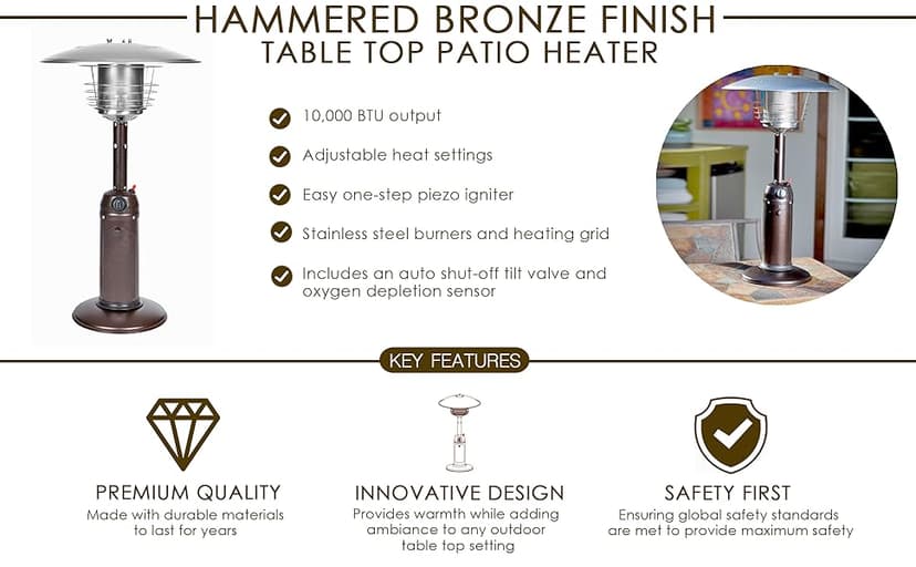 Fire Sense 61322 Portable Patio Heater Outdoor Tabletop Lightweight Propane 10,000 BTU Auto-Shutoff Valve ODS Compliant - Hammer Tone Bronze