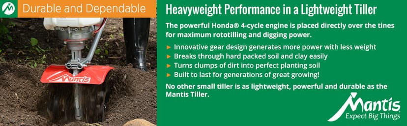 Mantis 7940 4-Cycle Tiller Cultivator Powered by Honda – Lightweight, Powerful and Compact - No Fuel Mix, Sure-Grip Handles – Built To Be Durable and Dependable