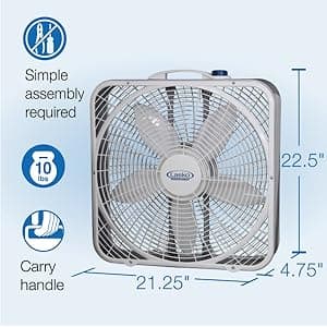 Lasko Weather-Shield Performance Box Fan, 3 Speeds, Innovative Wind Ring System for Up to 30% More Air, Carry Handle for Bedroom, Office, Home, 20 Inch, White, 3720