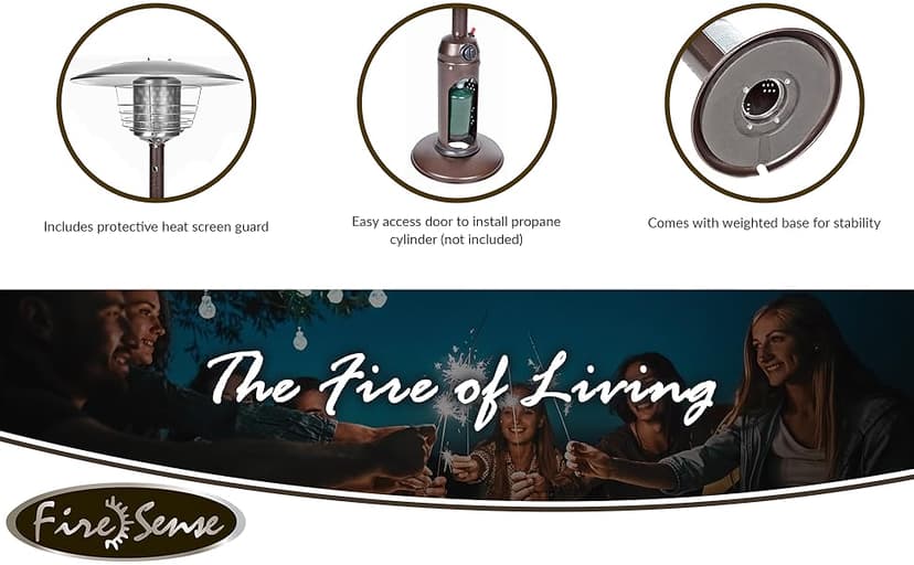 Fire Sense 61322 Portable Patio Heater Outdoor Tabletop Lightweight Propane 10,000 BTU Auto-Shutoff Valve ODS Compliant - Hammer Tone Bronze
