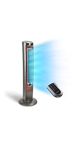 Lasko Oscillating Tower Fan, Nighttime Setting, Remote Control, Portable, Timer, for Bedroom, Home and Office, 3 Quiet Speeds, 42.5", Silverwood, T42954, woodgrain and grey