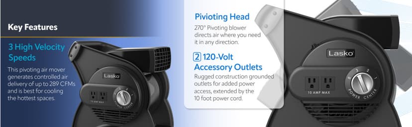 Lasko 12” Utility Fan for Job Site or Home Use, 289 CFM, Pivoting High Velocity Blower Fans, 3 Speeds, 2 Accessory Outlets 120V, Black, U12104