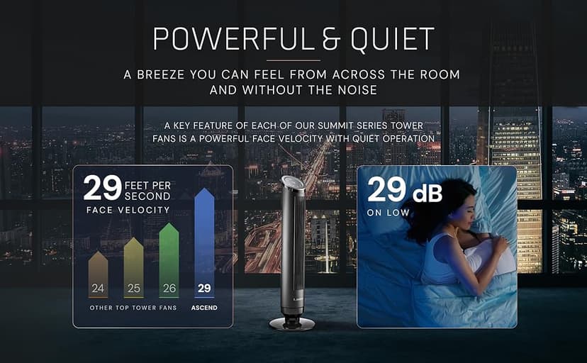 LASKO Ascend 36" Tower Fans for Home, 29 ft/s Airflow, Quiet 29dB on Low, 90° Oscillation, 12 Hour Timer, Air Filter for Hair & Dust, Remote, Black, OST100