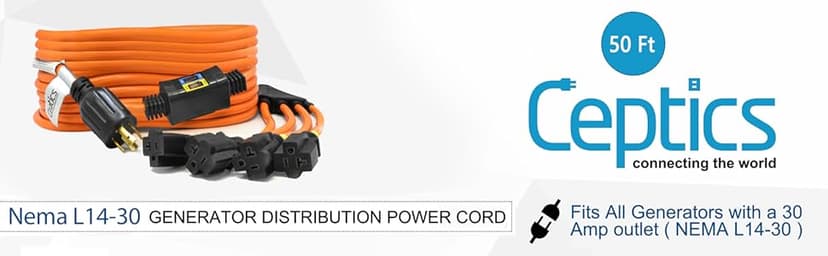 Ceptics GN-CD-1-50 GN-CD-2-50 L14-30P to NEMA 5-15/20R Generator Distribution Power Cord (50', Switch Breaker) -Industrial Grade, Heavy Duty (5 Year Warranty), 50 Feet, Orange, Ft