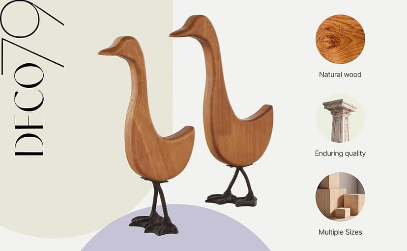 Deco 79 Wood Duck Decorative Garden Sculpture Abstract Minimalistic Garden Statues with Black Metal Feet, Set of 2 Outdoor Sculptures 13", 12"H, Brown
