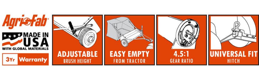 Agri-Fab 45-0320 42" Tow-Behind Lawn Sweeper, 12 cu. ft Hopper Bag Capacity; Leaf & Grass Catcher, with Adjustable Brush Height and Easy to Use Dumping Rope