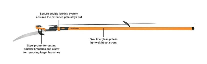 Fiskars 7ft-14ft Power-Lever Extendable Pole Saw and Tree Pruner, Lawn and Garden Tools, Black/Orange