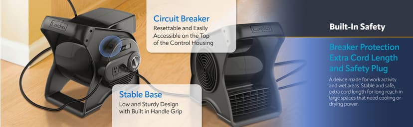 Lasko 12” Utility Fan for Job Site or Home Use, 289 CFM, Pivoting High Velocity Blower Fans, 3 Speeds, 2 Accessory Outlets 120V, Black, U12104