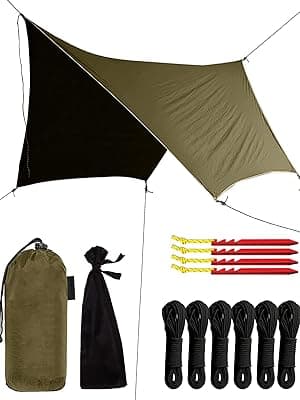 Rain Fly Tarp | Waterproof Tent Shelter Canopy | Lightweight Easy Setup for Hammock, Backpacking or Camp Gear | Premium Quality 12 x 9 ft |, Green Army