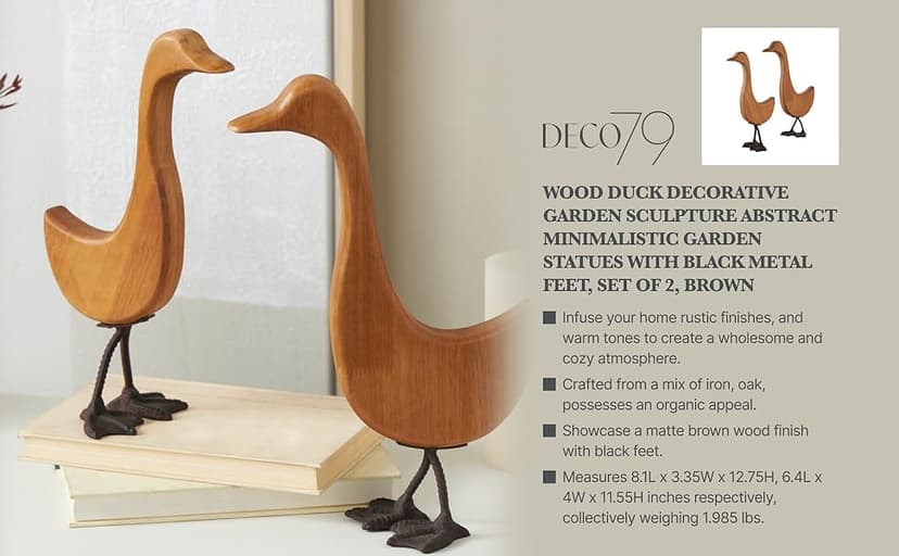 Deco 79 Wood Duck Decorative Garden Sculpture Abstract Minimalistic Garden Statues with Black Metal Feet, Set of 2 Outdoor Sculptures 13", 12"H, Brown