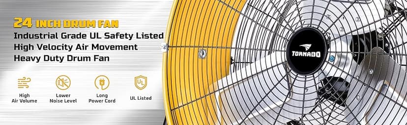 Tornado - 24 Inch High Velocity Heavy Duty Tilt Metal Drum Fan Yellow Commercial, Industrial Use 3 Speed 8540 CFM 1/3 HP 8 FT Cord UL Safety Listed (YELLOW)