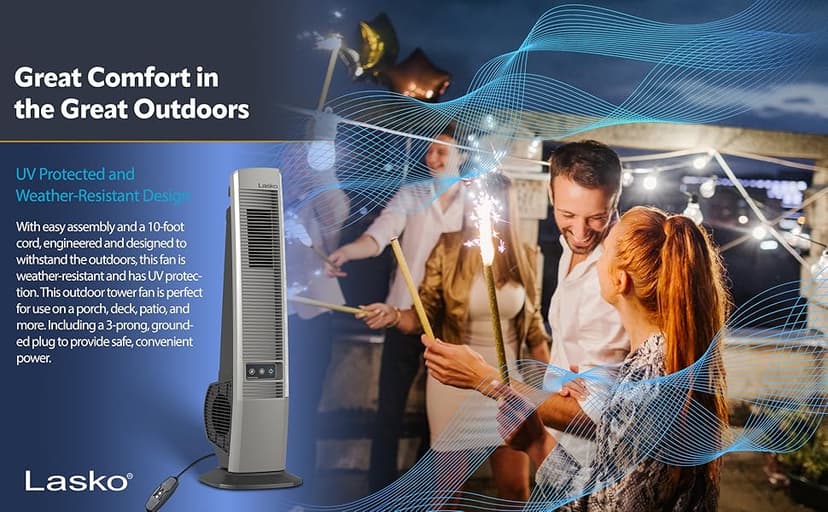 Lasko Outdoor Living Oscillating Tower Fan, for Decks, Patios and Porches, 10 Foot Power Cord, 4 Refreshing Speeds, 42", Grey, YF202