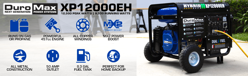DuroMax XP12000EH 12,000-Watt Dual Fuel Portable Generator – Gas & Propane, Electric Start, Whole Home Backup Power, Transfer Switch Ready, RV & Emergency Ready