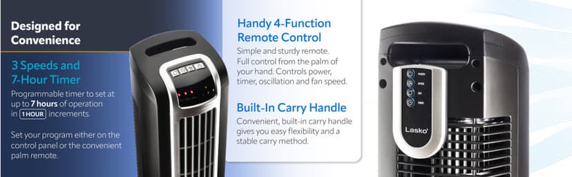 Lasko Oscillating Tower Fan, 3 Quiet Speeds, Timer, Remote Control, for Bedroom, Kitchen, Office, 36", Black, 2511