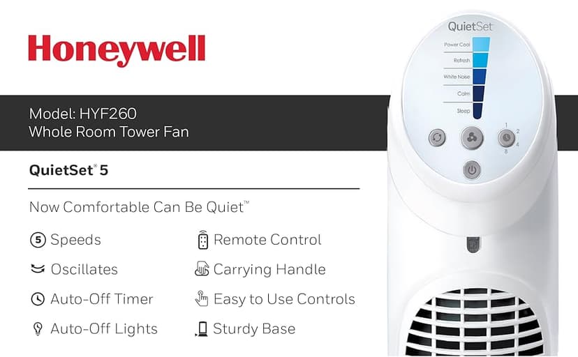 Honeywell HYF260 Quiet Set Whole Room Tower Fan, White