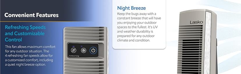 Lasko Outdoor Living Oscillating Tower Fan, for Decks, Patios and Porches, 10 Foot Power Cord, 4 Refreshing Speeds, 42", Grey, YF202