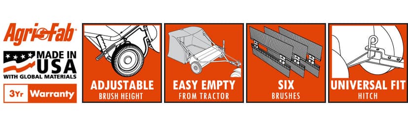 Agri-Fab 45-0546 52" Tow-Behind Lawn Sweeper, 26 cu. ft Hopper Bag Capacity; Leaf & Grass Catcher, with Adjustable Brush Height and Dump From Seat Handle