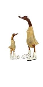 Deco 79 Wood Duck Decorative Garden Sculpture Abstract Minimalistic Garden Statues with Black Metal Feet, Set of 2 Outdoor Sculptures 13", 12"H, Brown