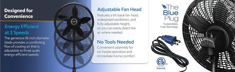 Lasko Oscillating Pedestal Fan, Adjustable Height, 3 Speeds, for Bedroom, Living Room, Home Office and College Dorm Room, 18", Black, 1827