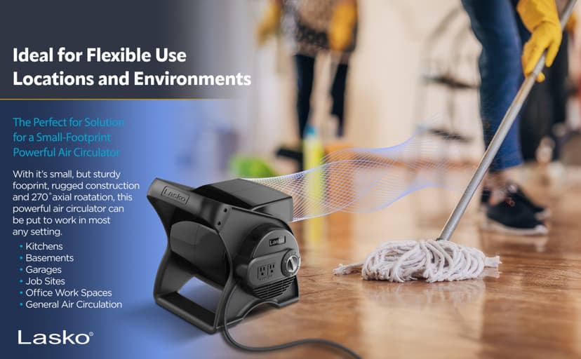 Lasko 12” Utility Fan for Job Site or Home Use, 289 CFM, Pivoting High Velocity Blower Fans, 3 Speeds, 2 Accessory Outlets 120V, Black, U12104