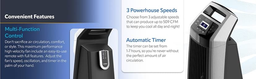 Lasko Oscillating High Velocity Tower Fan, Remote Control, Timer, 3 Powerful Speeds, for Garage, Basement and Gym, 35" Silver and Black, U35115, Large