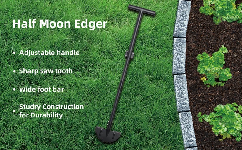 Half Moon Edger Lawn Tool - Heavy Duty Saw Tooth Manual Edgers with Sharp Blade & Wide Footplate, 38"-49" Adjustable T-Grip Handle for Landscaping, Sidewalks, Yard,Grass,Flower Bed & Garden Edging