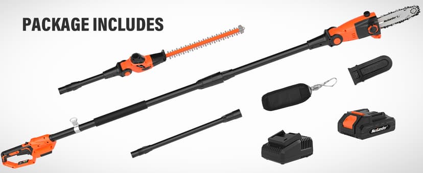 Pole Saw 8-Inch Cordless Pole Saws for Tree Trimming and 18-Inch Pole Hedge Trimmer 2-in-1, 15-Feet MAX Reach, 16ft/s Speed, Auto Oiling Pole Chainsaw with 20V 2.0Ah Battery & Charger