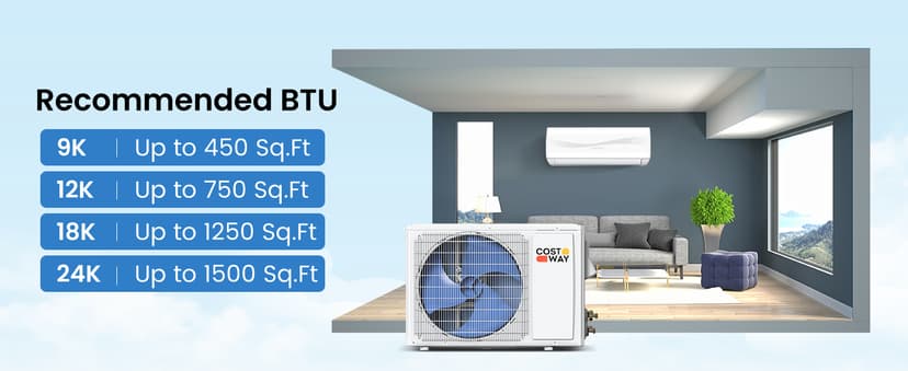 COSTWAY 9000BTU Mini Split Air Conditioner& Heater, 17 SEER2 208-230V Wall-Mounted Ductless AC Unit Cools Rooms up to 450 Sq. Ft, Energy Efficient Inverter AC with Heat Pump (Blast Series)