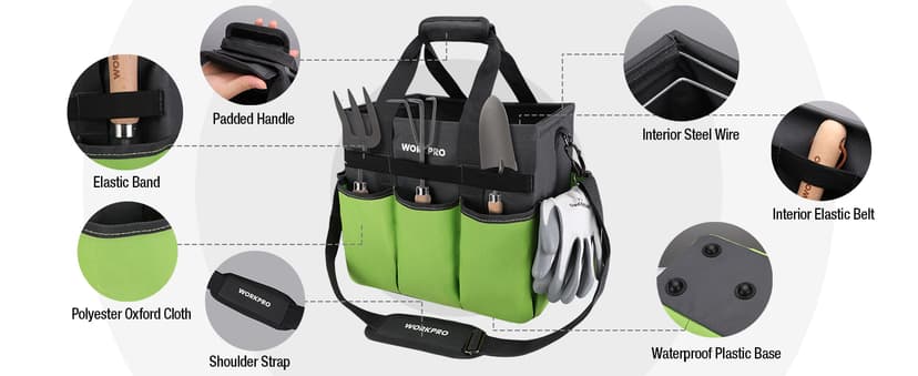 WORKPRO Garden Tool Bag Organizer, Heavy Duty Gardening Tote Bag with 10 Pockets and Long Adjustable Shoulder Strap, Standable Garden Home Tool Kits Organizer, Green