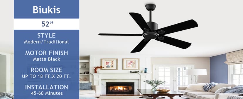52 Inch Ceiling Fan No Light - Outdoor Indoor Flush Mount Low Profile DC Motor Fan with Remote, 5 Blades Reversible Silent Fan for Patio, Bedroom, Living Room, Garage
