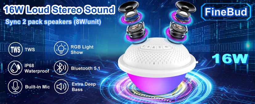 Floating Pool Speakers with Colorful LED Lights, IP68 Waterproof Pool Speakers Bluetooth, 16W Stereo Loud Sound Hot Tub Speaker, TWS Pairing, Hands-Free Portable Bluetooth Pool Speaker for Spa