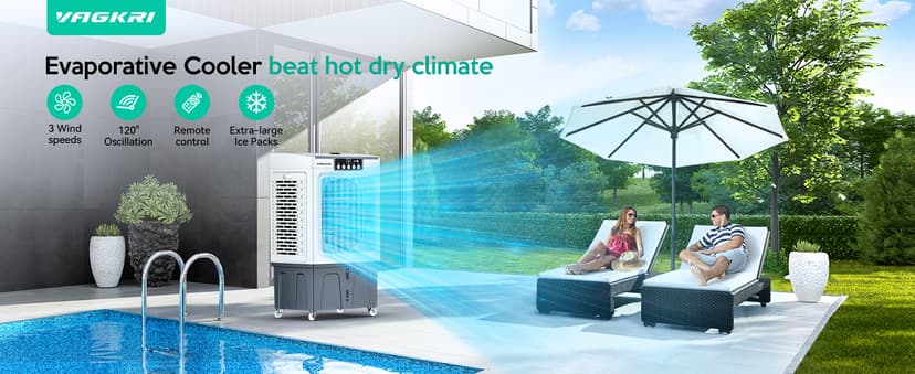 Evaporative Cooler, VAGKRI 2100CFM Air Cooler, 120°Oscillation Swamp Cooler with Remote Control, 24H Timer, 3 Wind Speeds for Outdoor Indoor Use,8 Gallon