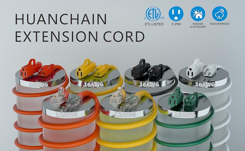 HUANCHAIN 12/3 Gauge Heavy Duty Outdoor Extension Cord 100 ft Waterproof with Lighted end, Flexible Cold-Resistant 3 Prong Electric Cord Outside, 15Amp 1875W 12AWG SJTW, Yellow, ETL