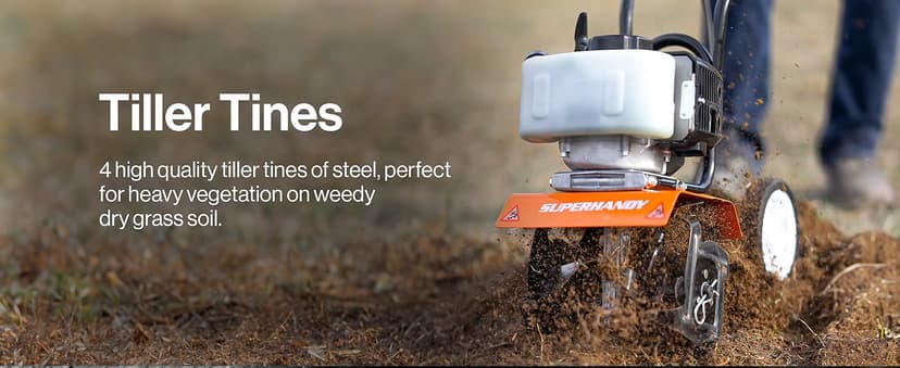 SuperHandy 52cc 2 Stroke Gas Mini Tiller Cultivator - 1.8HP, 4 Adjustable Steel Tines, Forward Rotation, 10" Tilling Width - Ideal for Garden, Lawn, Soil Cultivation, Weed & Digging