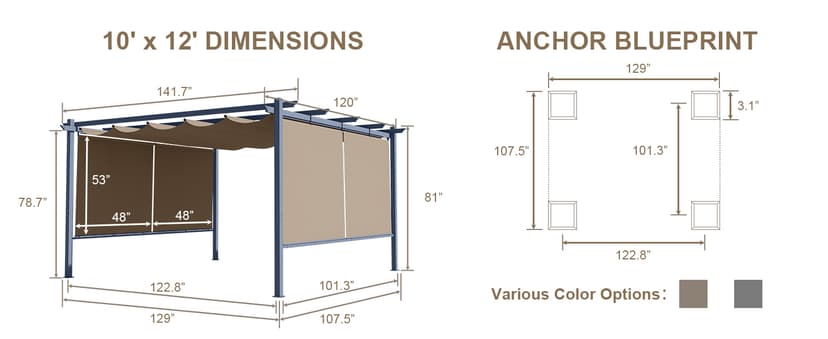 Aoodor 10 x 10 ft Outdoor Pergola with Retractable Shade Canopy, Matte Aluminum Frame, 4 Roller Shade Curtains, Grape Trellis for Patio, Backyard, Garden, and Deck, Dark Brown