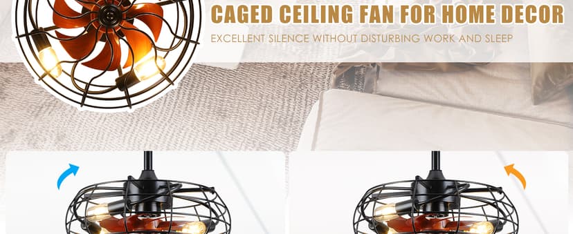 Asyko Caged Ceiling Fans with Lights - Black Outdoor Ceiling Fan with Remote and Reversible Fan Blades, Bladeless Low Profile Fan Light Fixtures for Indoor, Patios, Farmhouse(E26 Bulbs Not Included)