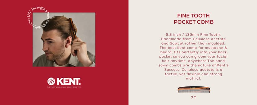 Kent 7T Handmade All Fine Tooth Pocket Comb for Men, Hair Comb Straightener for Everyday Grooming Styling Hair, Mustache and Beard, Use Dry or with Balms, Saw Cut and Hand Polished, Made in England