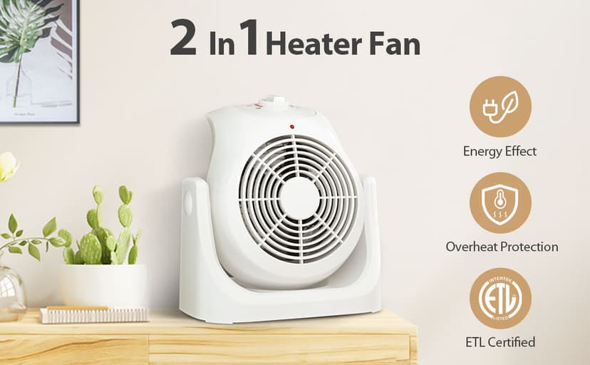 LifePlus 2 in 1 Heater Fan Combo, Portable Cooling Desk Fan, Air Circulator Fan 45° Tilt, 2 Wind Speeds, 1500W Overheat Protection Personal Small Floor for Home Office White