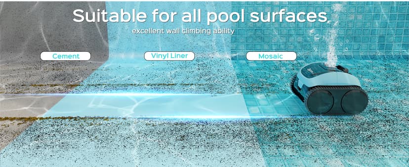 Pool Vacuum for Inground Pools, Cordless Robotic Pool Cleaner, Wall and Waterline Cleaning, Intelligent Route Planning, 150 min Runtime, for Pools up to 1,600 Sq.ft